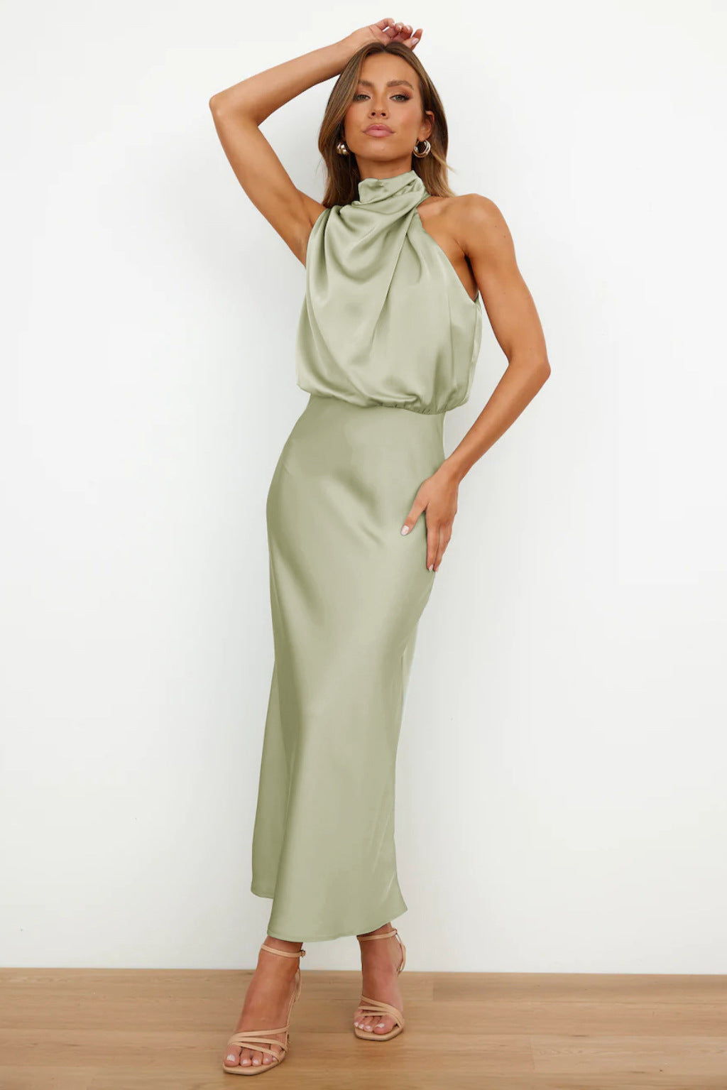 Carlina | Halter Neck Long Satin Dress