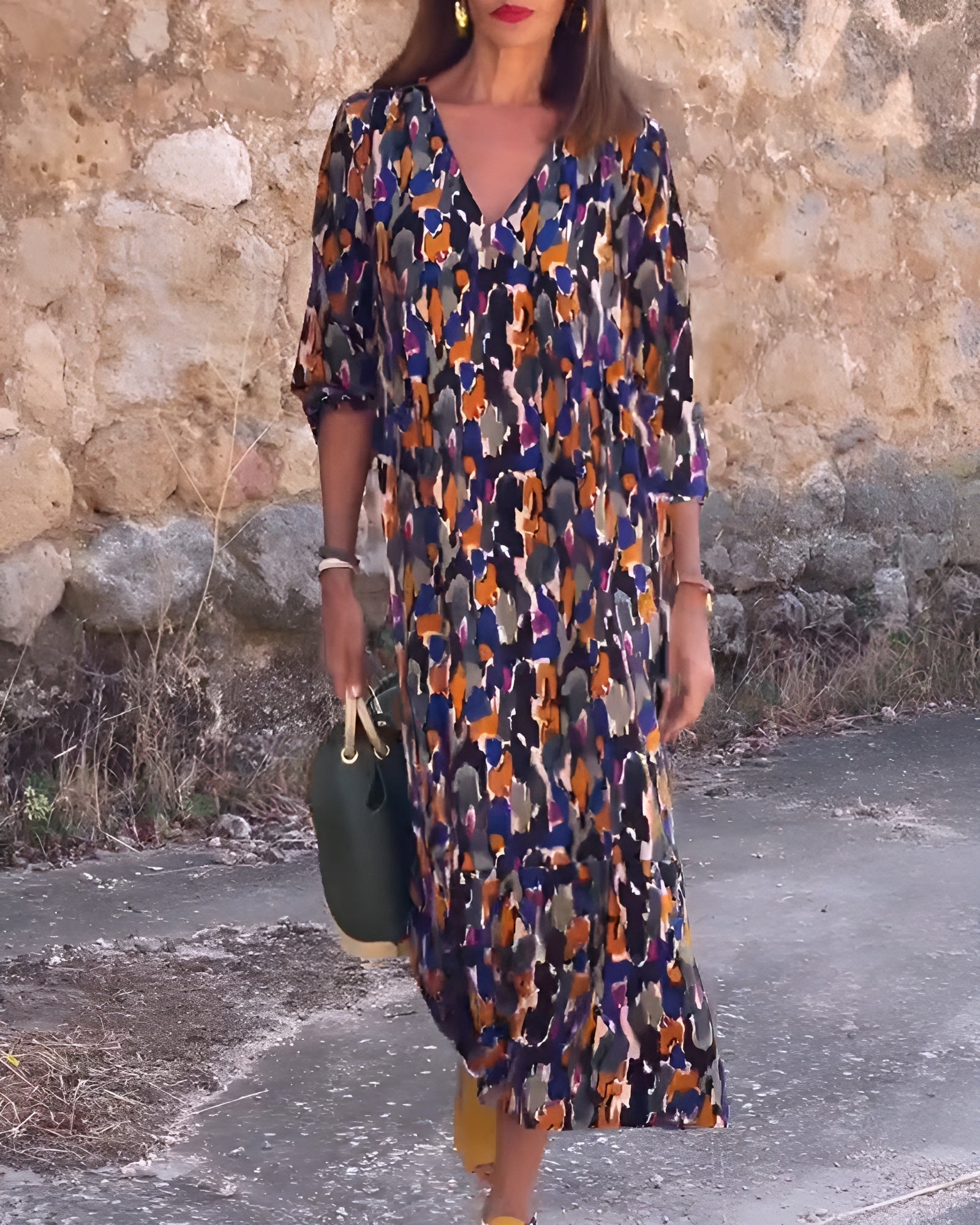 Nathalie | Vintage Print V-Neck Dress