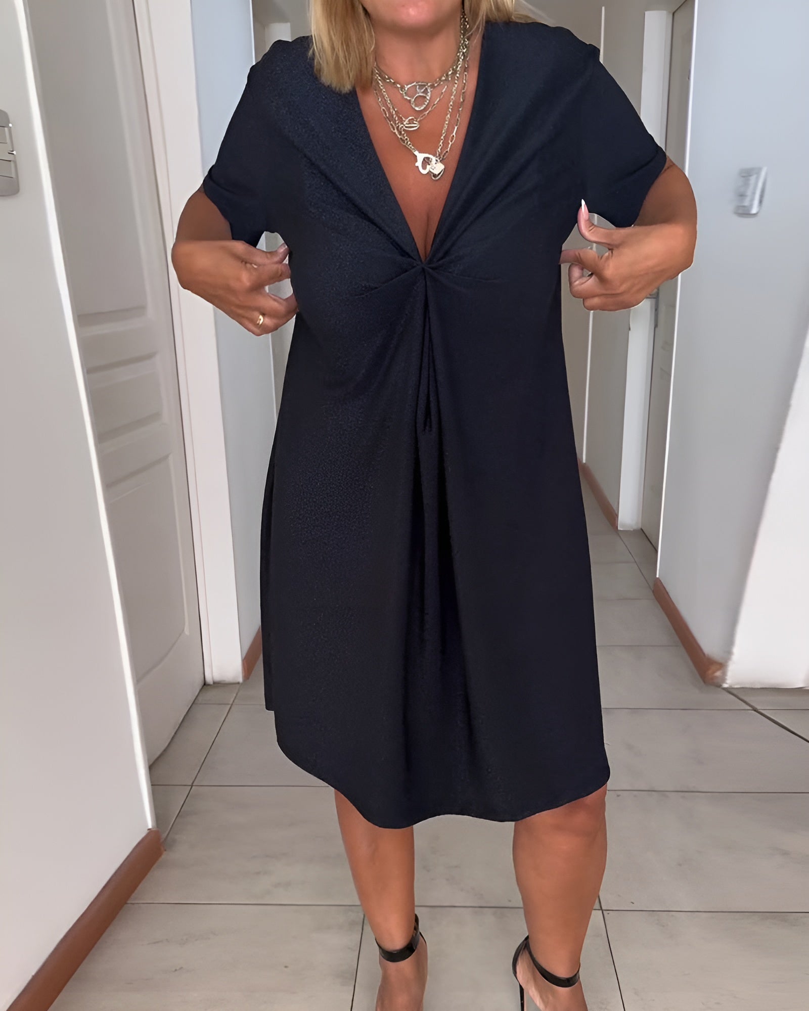 Laurence | Elegant Gathered Dress with V-Neck