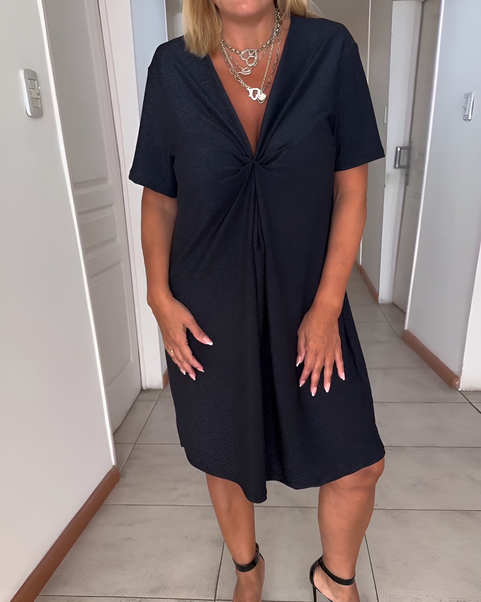 Laurence | Elegant Gathered Dress with V-Neck