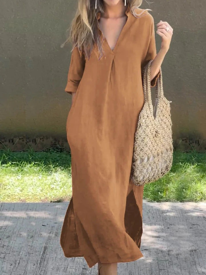 Ishael - Solid V-Neck Long Loose Fit Dress